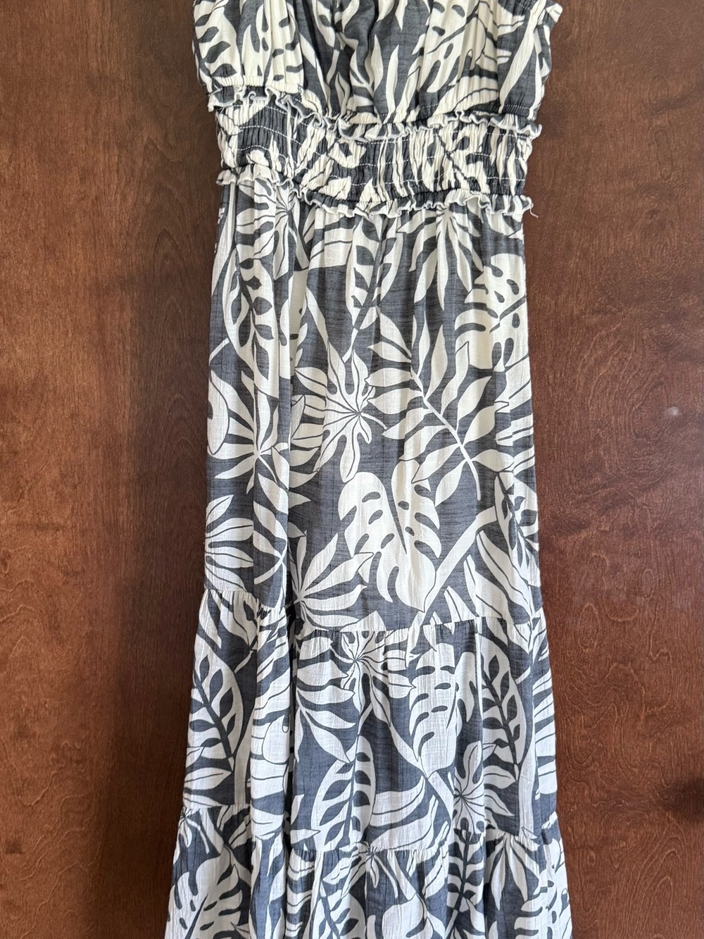 Smocked Black and White Tropical Print Maxi Dress